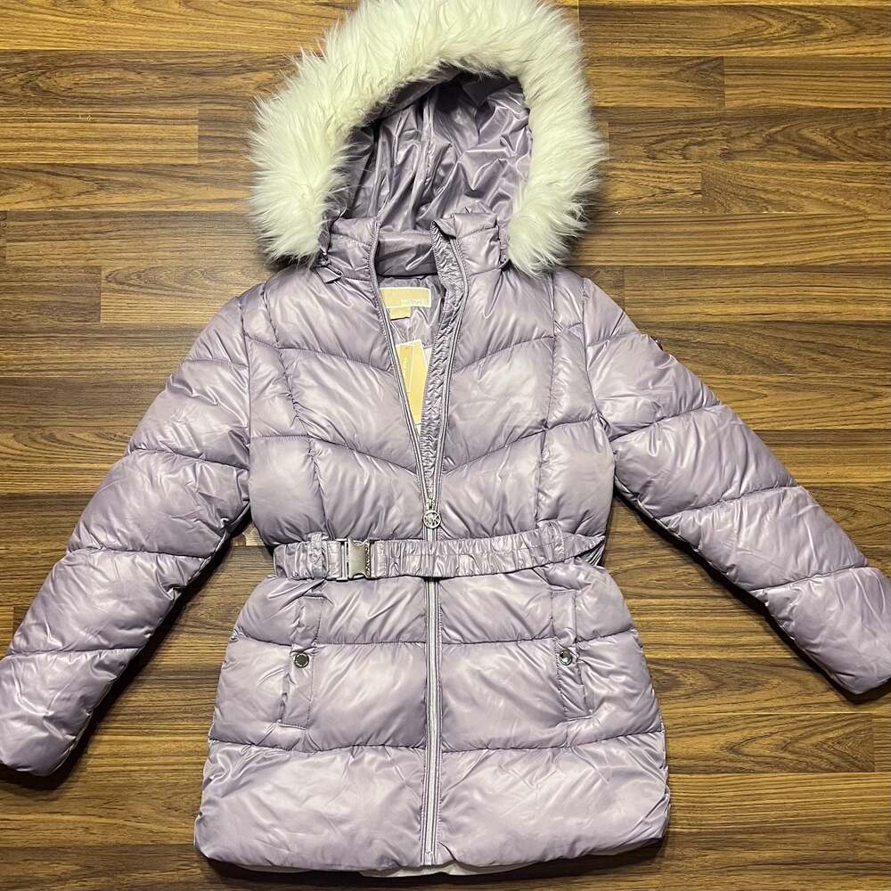 Michael Kors Girls Belted Puffer Coat with Faux Fur Hood in Sweet Lilac
